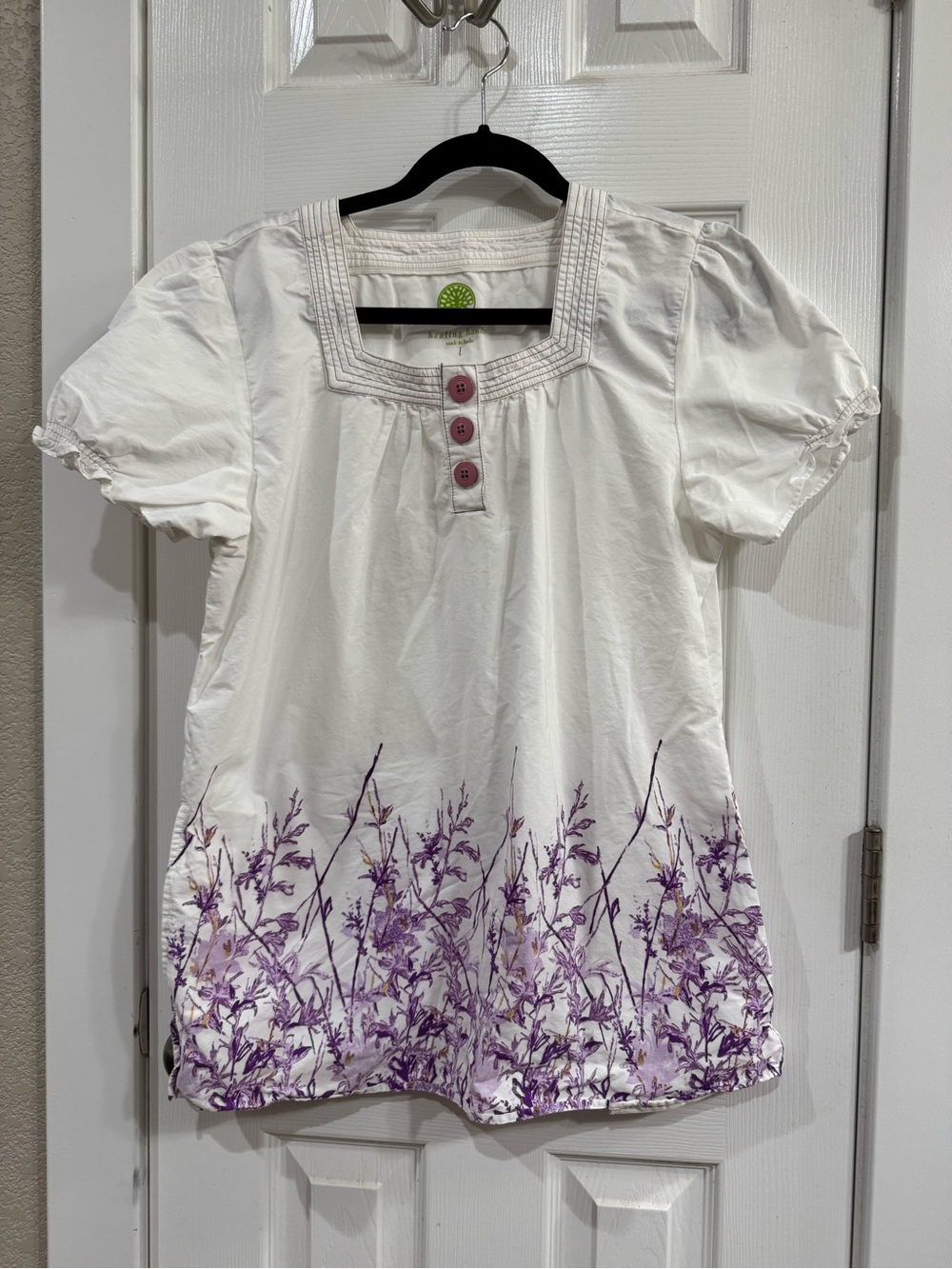healing hands White Scrub top with Purple Floral Border
